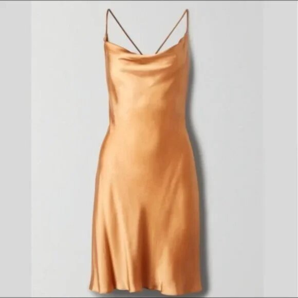 Aritzia Wilfred Diamante Mini Slip Dress Cowl Neck Molten Carmel Size XS - Picture 1 of 8